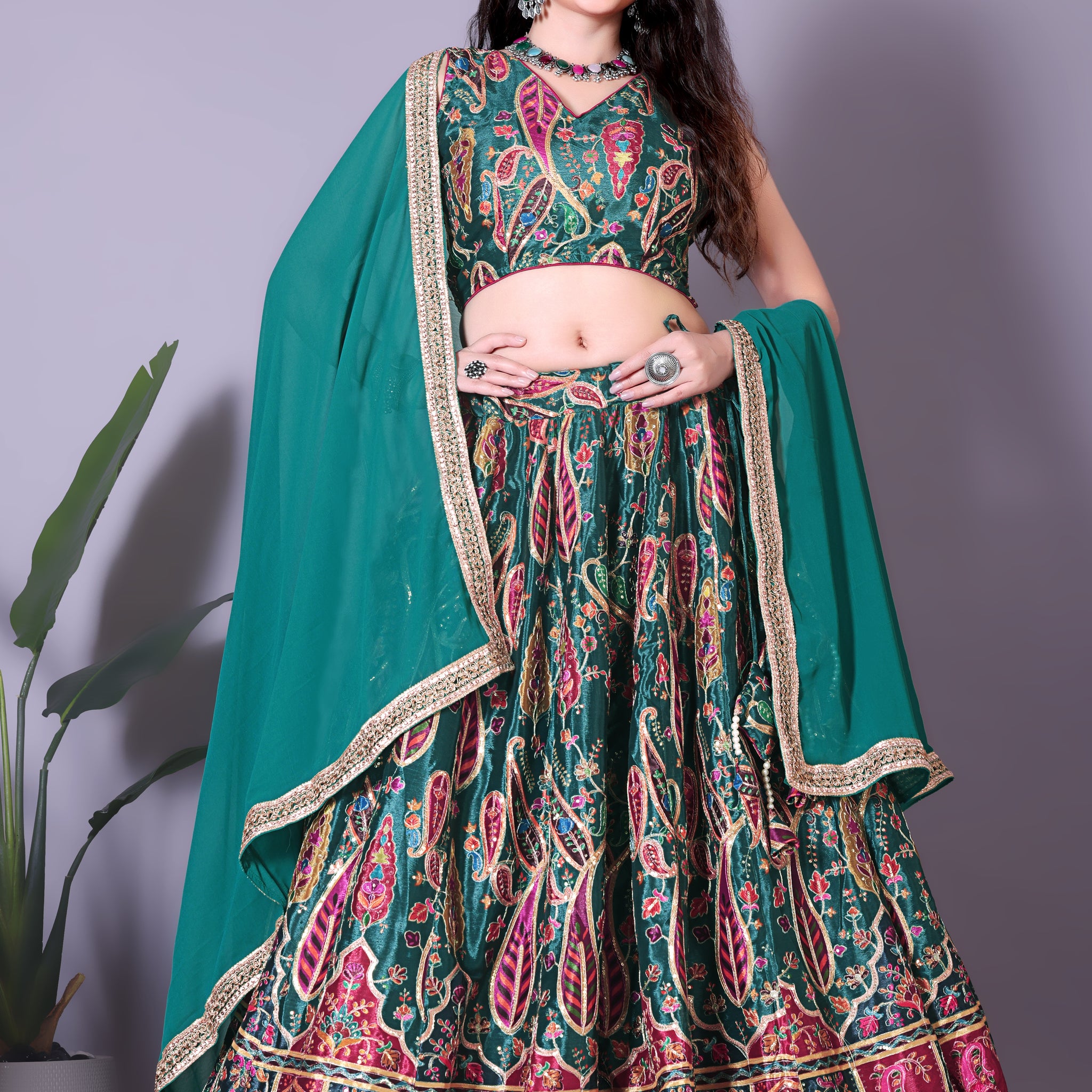 Glamorous Dark Green Lehenga Choli with Heavy Zari Work