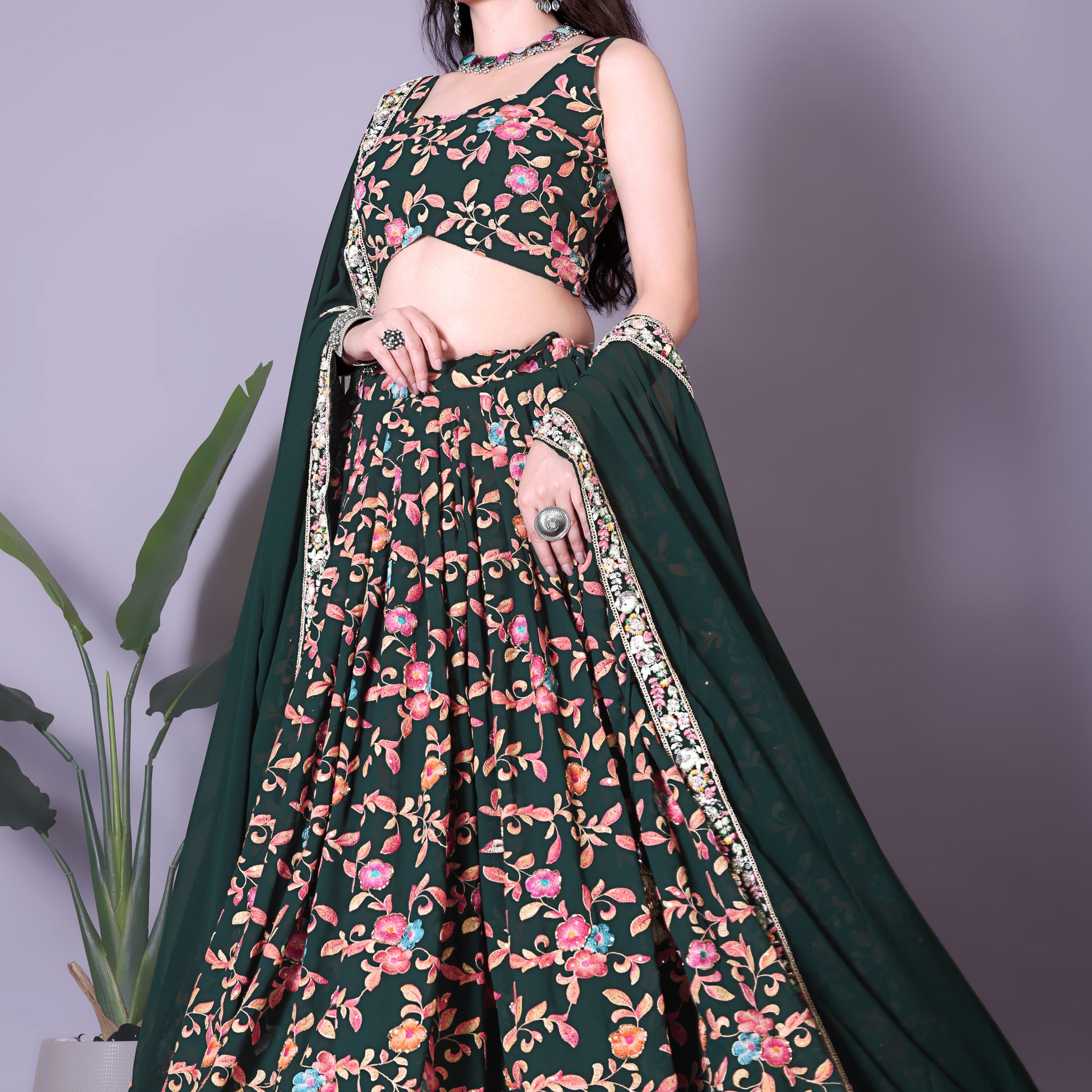 Timeless Dark Green Lehenga Choli with Embellished Choli