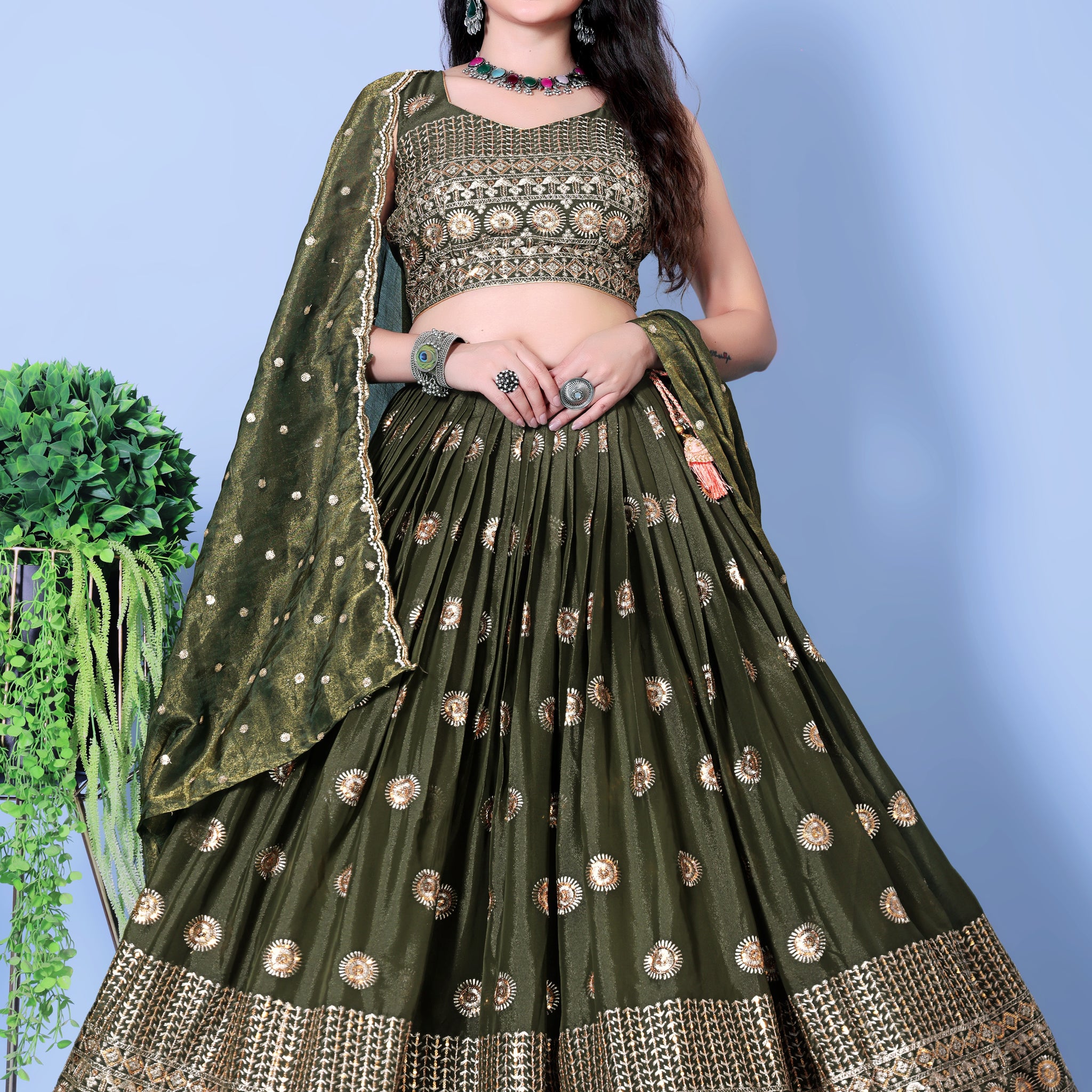 Mehndi Satin Circular Lehenga Choli