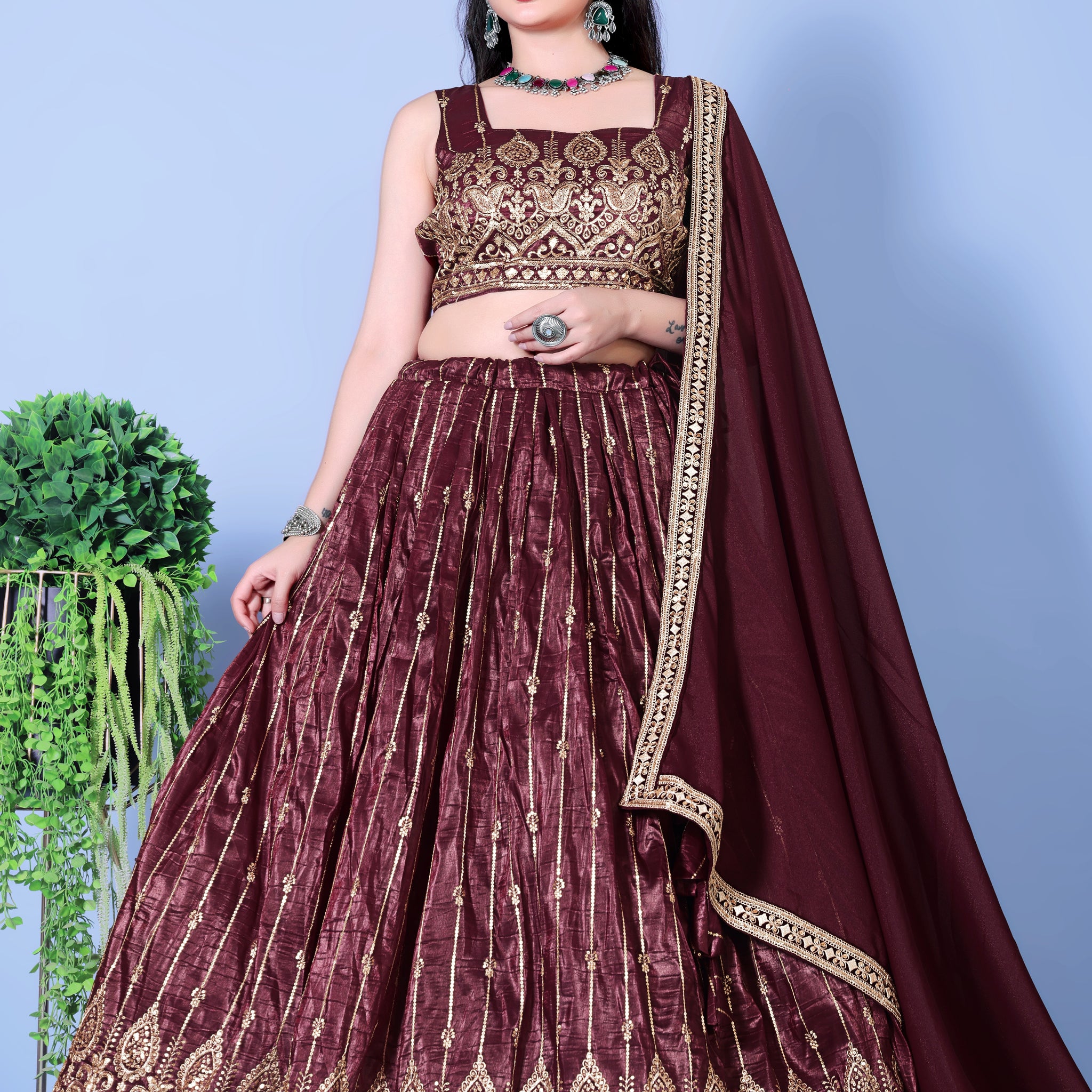 Wine Sequin Embroidered Georgette Lehenga Choli