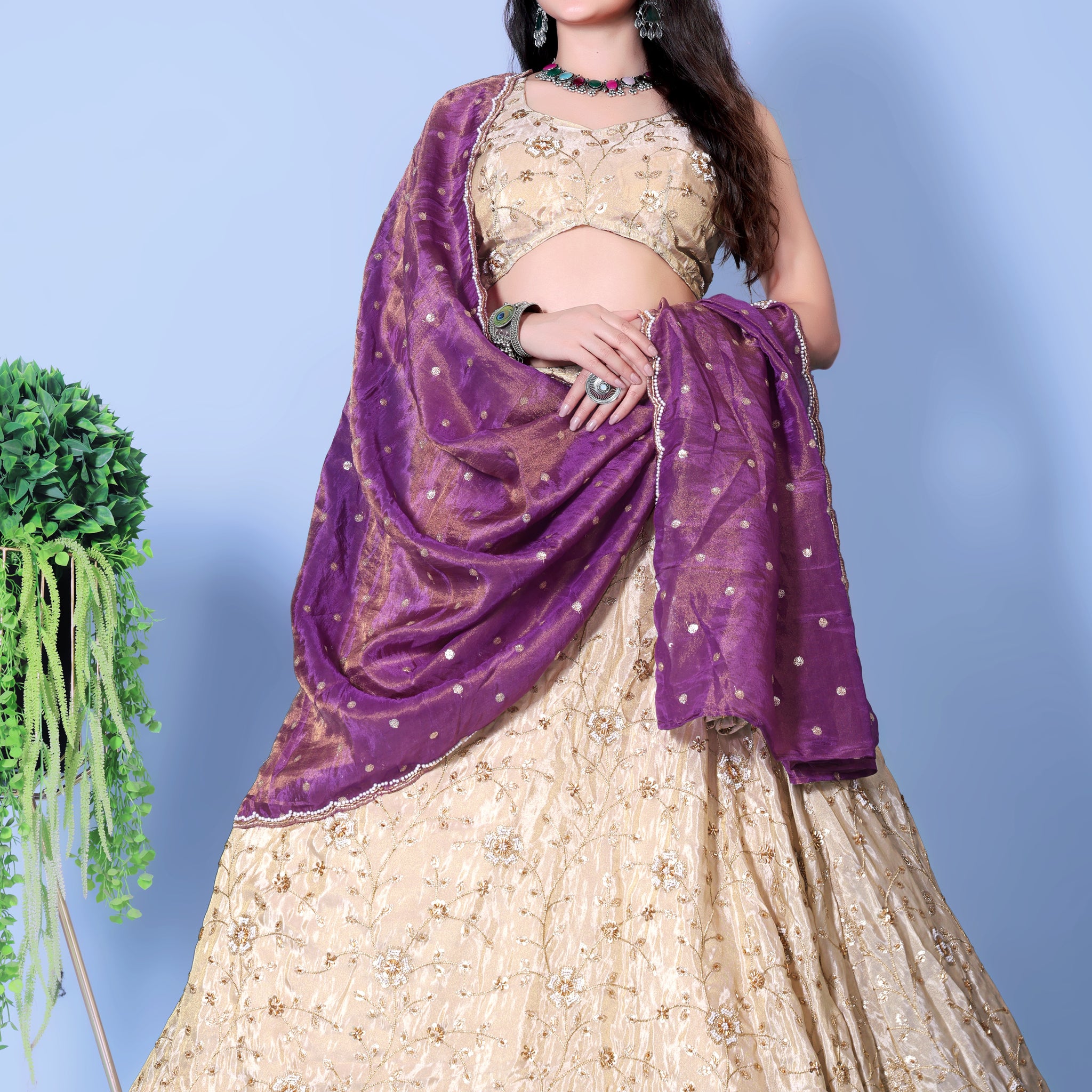 Purple and Mint Embroidered Silk Lehenga