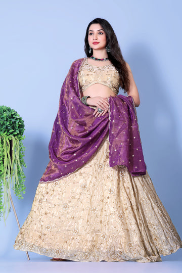 Purple and Mint Embroidered Silk Lehenga