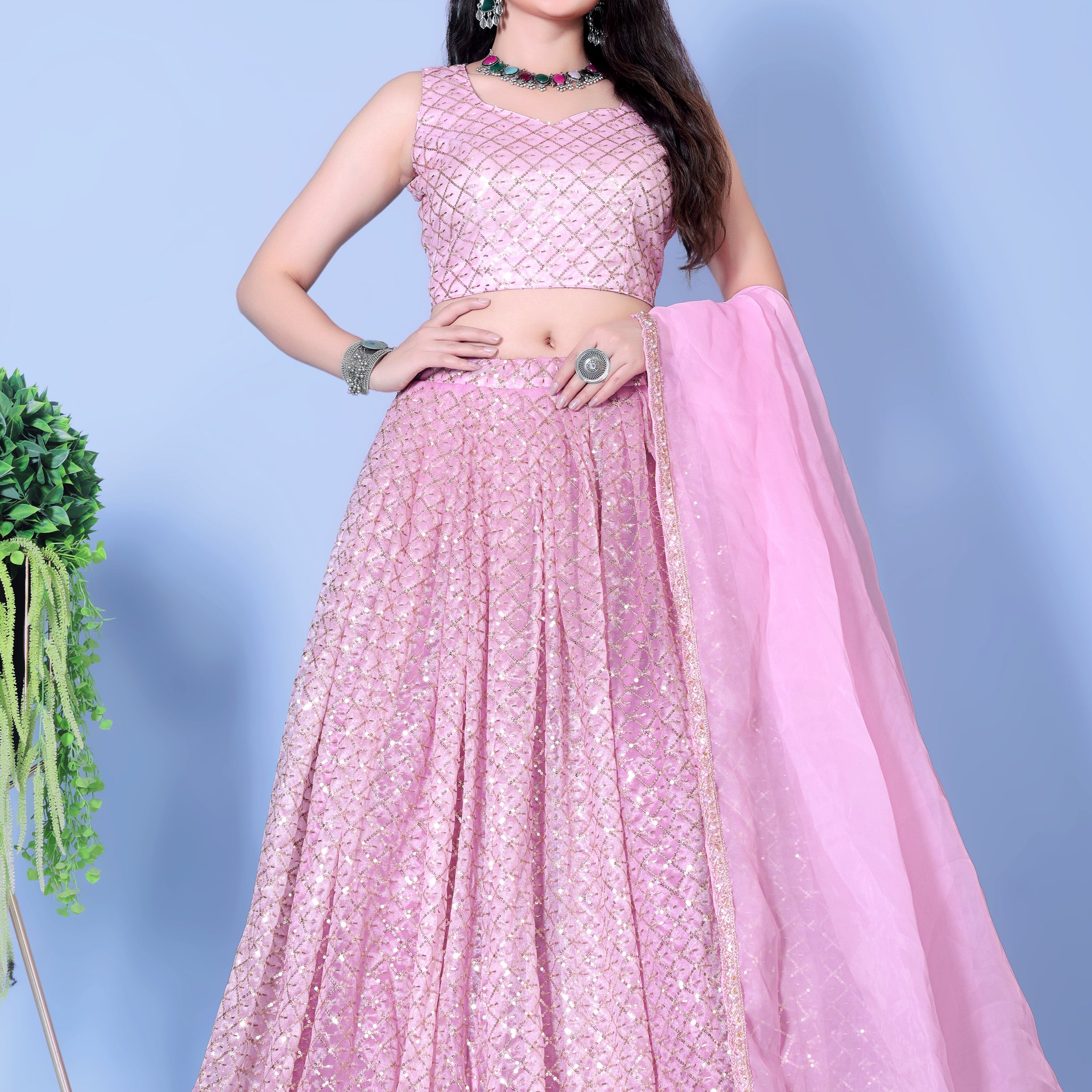 Embroidered Mirror Work Semi-Stitched Lehenga & Unstitched Blouse With Dupatta