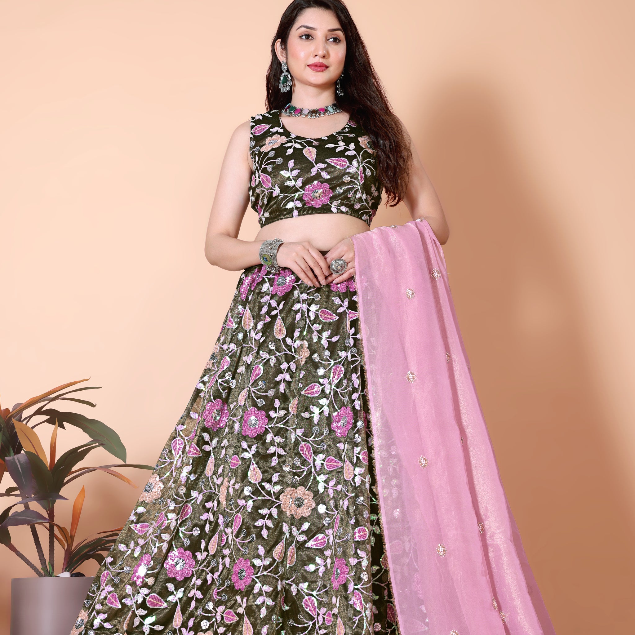 Embroidered Sequinned Semi-Stitched Lehenga & Unstitched Blouse With Dupatta