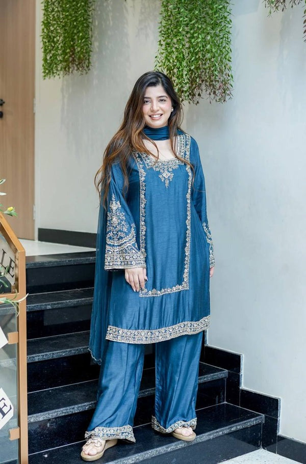 New Designer Chiffon Embroidered Set  Fully Stitched Top, Plazzo & Dupatta